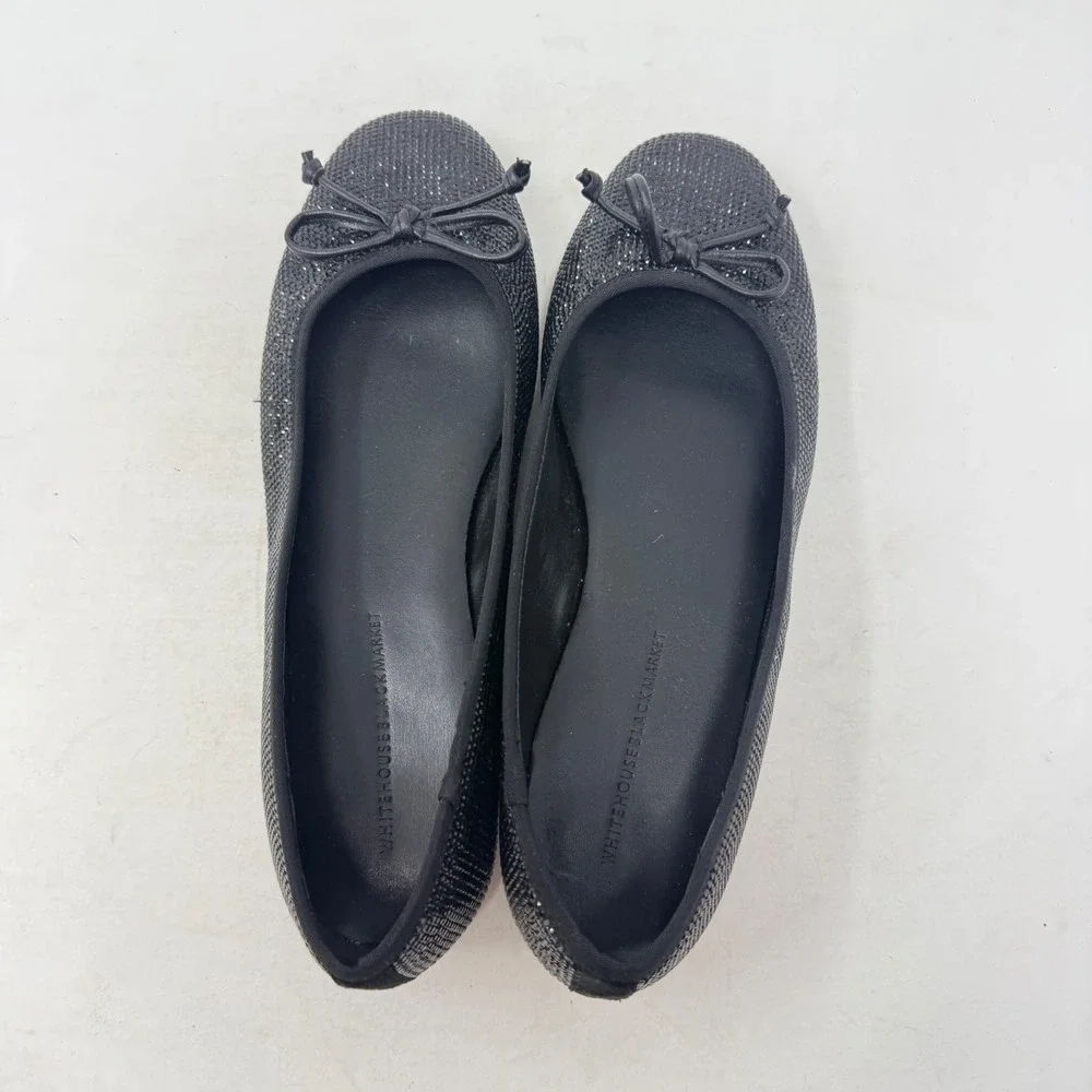 White House Black Market Ballet Flats Black 9 Rhinestone Sparkle Bow Evening